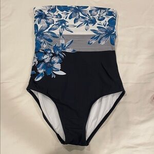Calvin Klein Blue and Black Floral Swimsuit, Strapless. On Trend Blue, 2026.